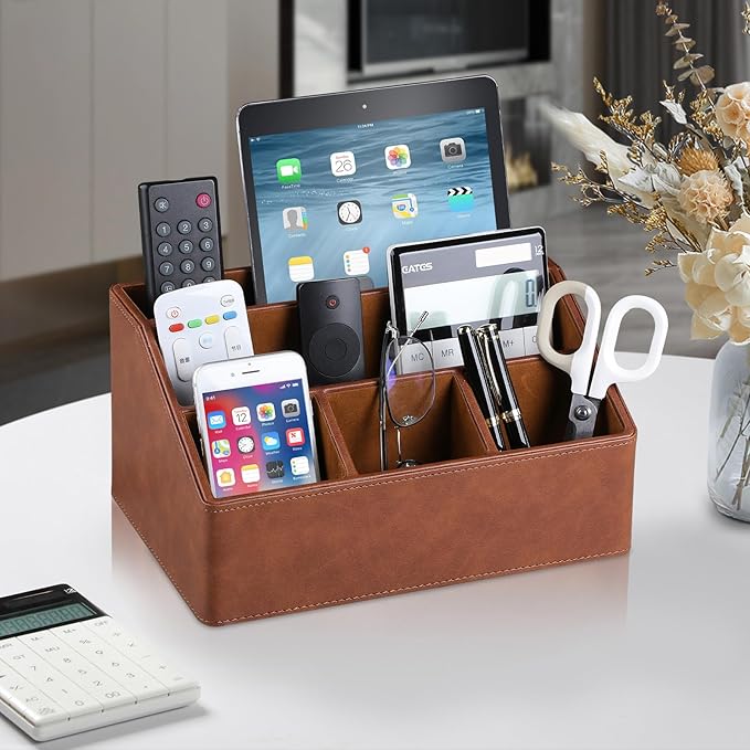 PU Leather Desk Organizer, Luxury Remote Control Holder for Home, Office Desk Accessories Table Caddy Bedside Nightstand Organizer (Brown)