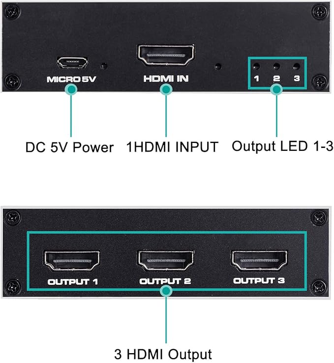 1x3 HDMI Splitter, 1 in 3 Out HDMI Splitter Audio Video Distributor Box Support 3D & 4K x 2K Compatible for HDTV, STB, DVD, PS3, Projector Etc