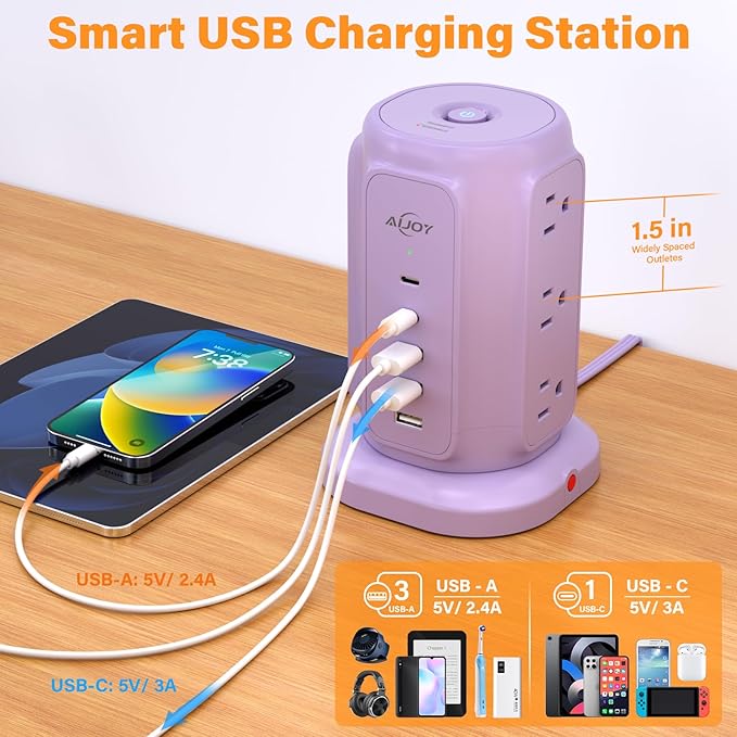 AiJoy Flat Plug Power Strip Tower with 9 Outlets and 5 USB Ports (2 USB C), 1200J Surge Protection with 1625W Extension Cord with Multiple Outlets for Dorm Home Office Supplies, Purple