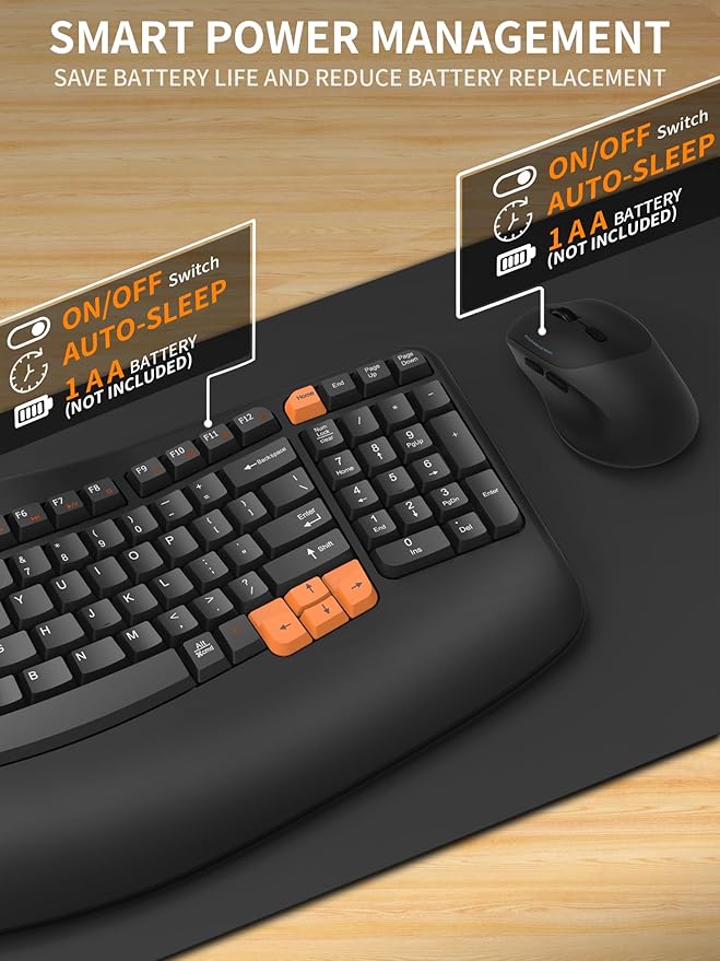 Wireless Keyboard and Mouse Combo, 2.4G Wave Keys Ergonomic Keyboard with Palm Rest and 3 DPI Silent Mouse, Compact Size for Natural Typing, Spill-Resistant, for Windows/PC/Laptop/Mac(Black)