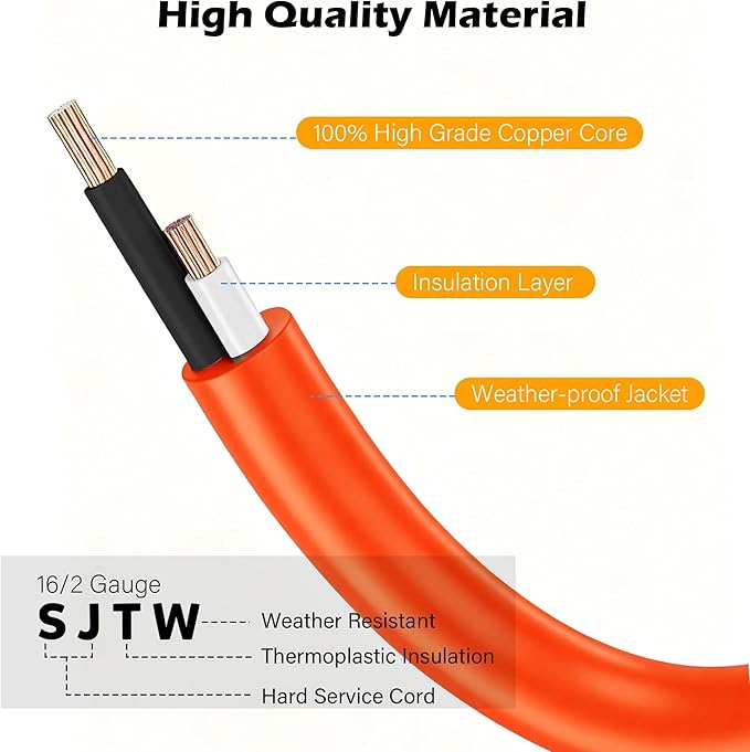 90 Degree 2 Prong Polarized Outdoor Power Extension Cord 75 FT, Angled Low-Profile Plug, 16 Gauge 125V SJTW Waterproof Long Cable for Home Office Lawnmower Garden Tools Lights, ETL+Ties-Bright Orange