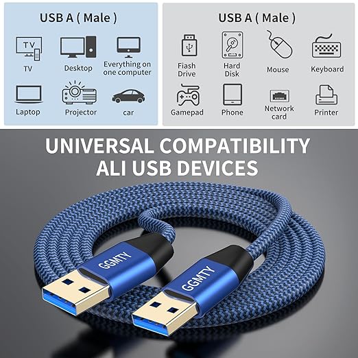 USB to USB Cable 1.5FT,Durable Braidedfor USB 3.0 Male to Male Type A to Type A Cable Data Transfer Compatible with Hard Drive, Laptop, DVD Player, TV, USB 3.0 Hub, Monitor, Camera