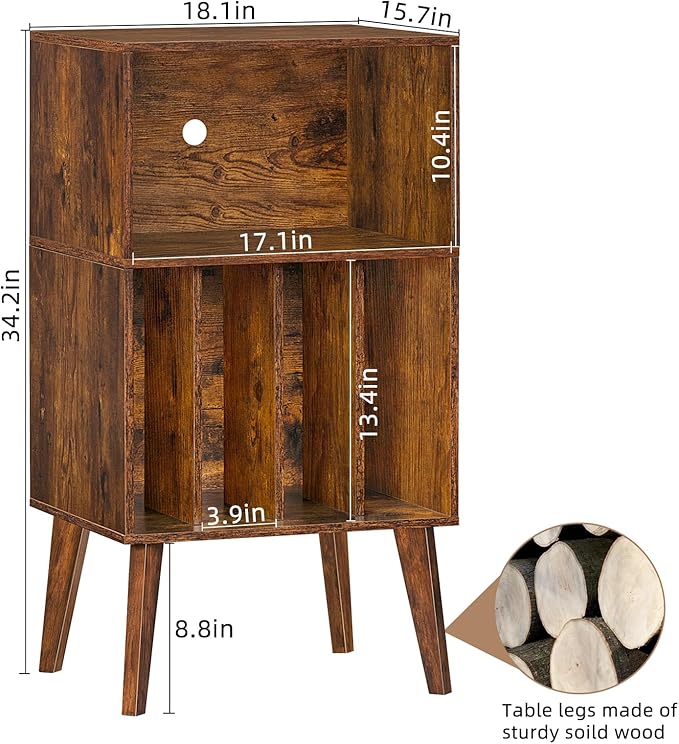Lerliuo Record Player Stand, Brown Turntable Stand Holds up to 160 Albums, Mid-Century Vinyl Storage Cabinet Table with Solid Wood Legs, Record Player Holder Dispaly Shelf for Bedroom Living Room
