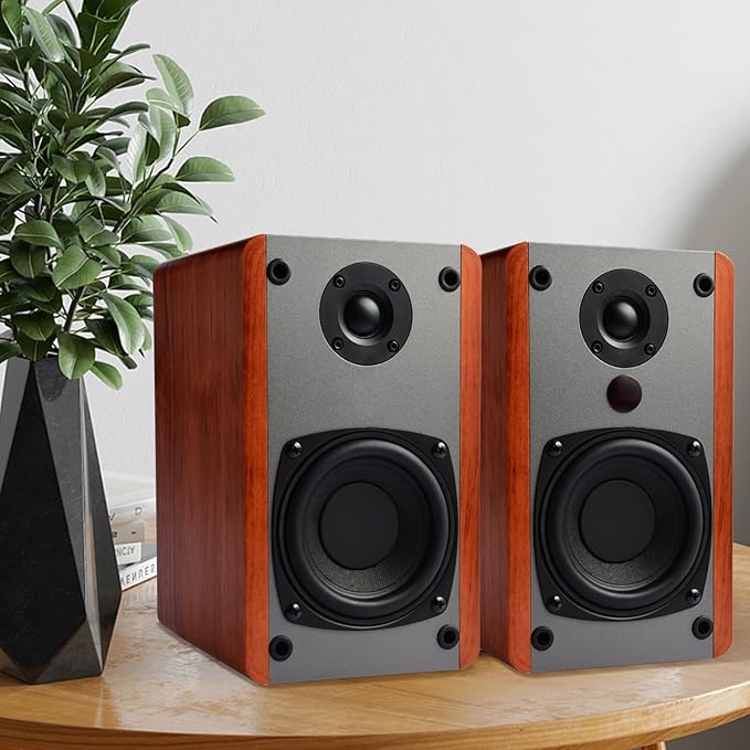 SINGING WOOD BT25 (2024 Version) Bluetooth Active Bookshelf Speakers for with Optical Aux inputs Subwoofer Line Out for PC, TVs, Turntable, Wooden Enclosure,80W - Cherry Wood