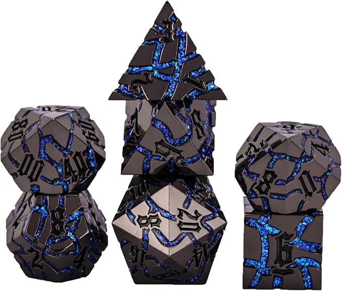 DND Crack Stripe Dice,Metallic Glitter Dice Set with Gift Box,Metal Polyhedral D&D Dice for Role Playing Game(Black Nickel Blue)