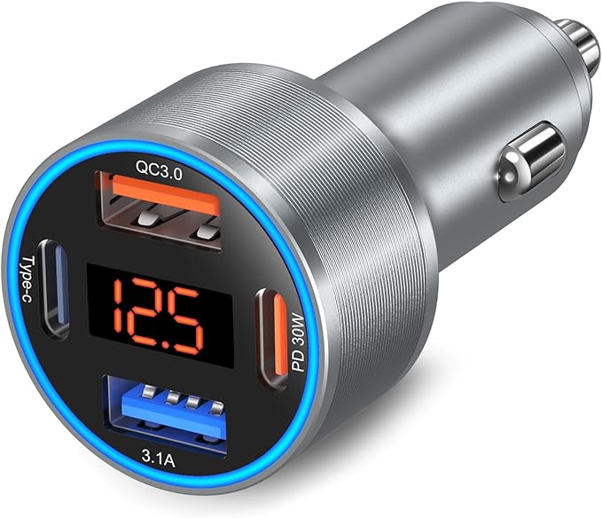 Car Charger USB C, 65W Dual 12V Cigarette Lighter USB Car Adapter with Voltage Display Multi Port PD/QC 3.0 Super Fast Charging Car Phone Charger for iPhone 16 15 14 13 12 Pro,Tablet,Android(Gray)