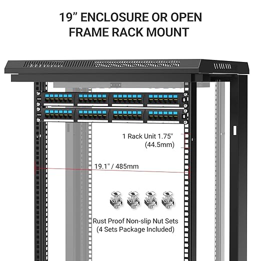 AMPCOM CAT6 24 Ports Patch Panel, Rack Mount - 1U, 19 inch，RJ45 Ethernet 568A 568B, Gold Plated, with Rear Cable Management Bar