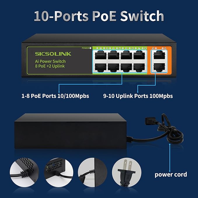 8 Ports PoE+ Ethernet Switch 2 Uplink 802.3af/at 120W Total Power 100Mbps Network Hub 20 Gbps Switch Capacity Unmanaged PoE Switch Suitable for IP Cameras Home & Office.