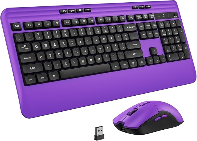 Wireless Keyboard and Mouse Set with Quiet Keys, 2.4G Full Size Purple Keyboard and Mouse with Wrist Rest, Protective Covers, Soft Touch Silent Design for Windows, Computer, PC and Laptop