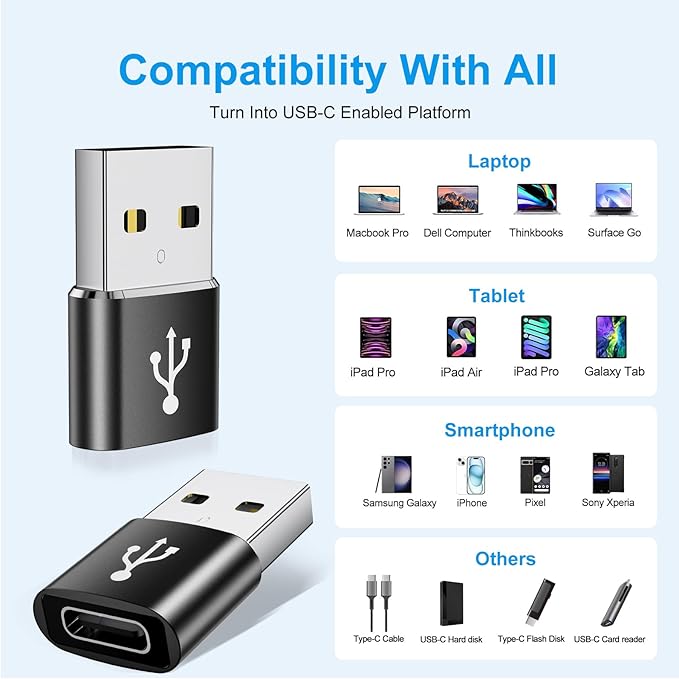 USB to USB C Adapter 8 Pack,USB to Type C Adapter,USBA Charger Type-C Fast Charging Cable Converter,USBC Adapters for iPhone 15 14 13,iWatch,iPad,Phones,Black