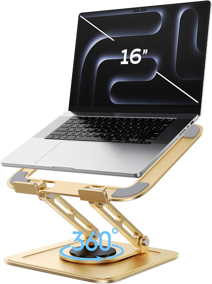 Adjustable Laptop Stand, Computer Stand with 360 Rotating Base, Ergonomic Laptop Riser Mount for Desk Foldable Protable Computer Desk Fits with MacBook Pro Air (10-16") - Gold
