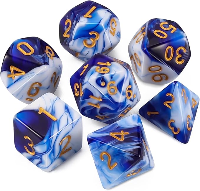 QMAY DND Dice Set - 7 Pcs Polyhedral Dice with D&D Dice Bag for Dungeon and Dragons, RPG, MTG, Role Playing Games Dice (Blue Mix White)