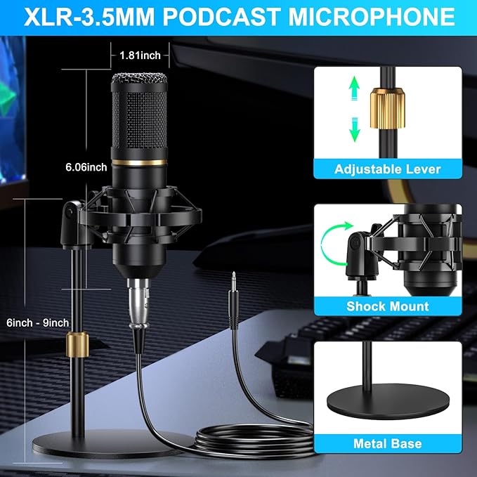 Podcast Microphone Bundle with Live Sound Card Audio Mixer, Podcast Equipment Bundle with 3.5mm Condenser Microphone for Pc/Phone Live Streaming Singing Gaming, Sound Board with Voice Changer, Denoise