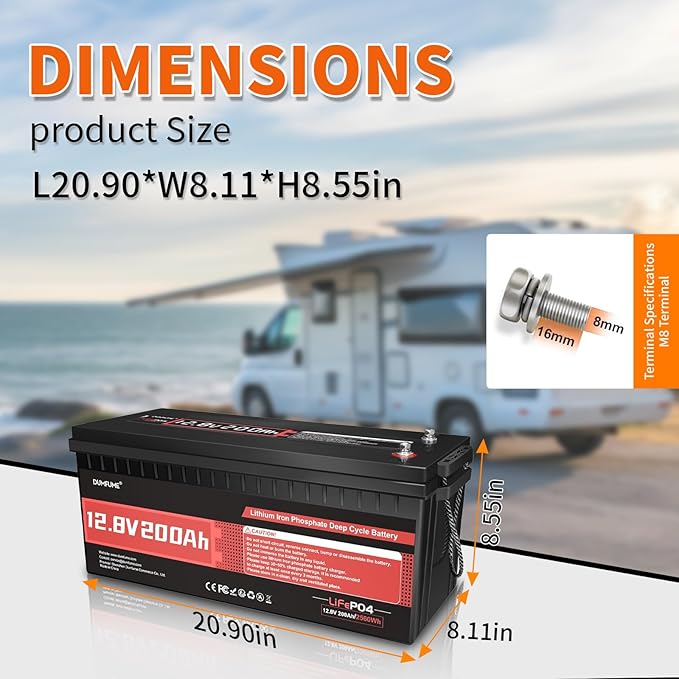 2 pack Dumfume 12V 200Ah LiFePO4 Lithium Battery,2560Wh Energy,1280W Load,200A BMS & 95% Discharge Efficiency,15000+ Cycles for Solar RV Marine Trolling Motor Home Backup