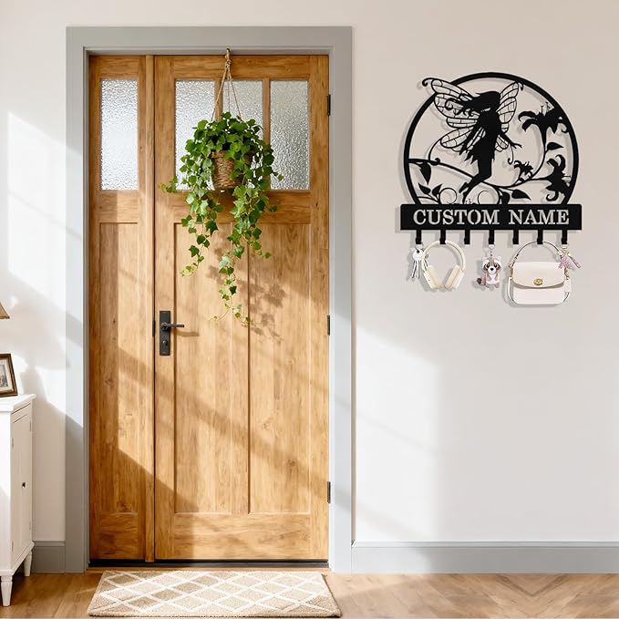 Personalized Fairy Key Holder Wall Mount, Custom Metal Key Rack Key Holder with Name, Deer Cabin Wall Keys Hanger with Hooks for Entryway, Front Door, Hallway, Kitchen, Living Room