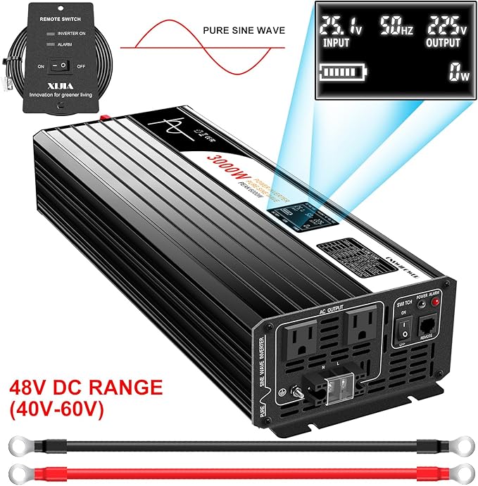 Xijia LCD-Display 3000W (Peak Power 6000W) dc 48v to 110V 120V ac 60HZ Pure sine Wave Solar Inverter for Home RV &Camping (DC48V (Range 40V-60V) 3000W)