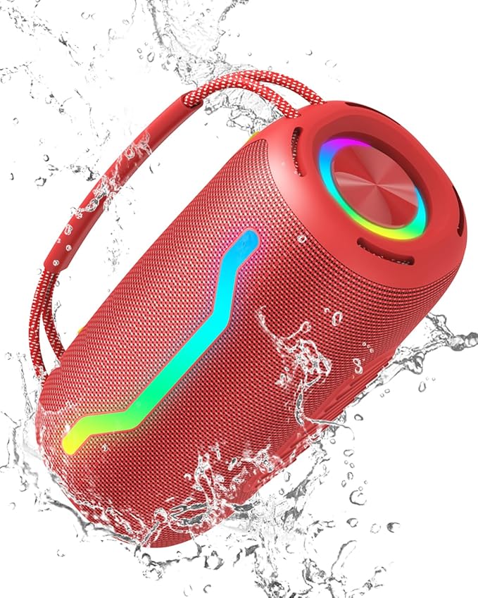 Portable Bluetooth Speaker with Light, Loud Sound and Deep Bass, IPX6 Waterproof, Up to 18H Playtime, TWS Pairing, Support Bluetooth/AUX/USB/TF Card for Home, Party, Outdoor and Travel (Red)
