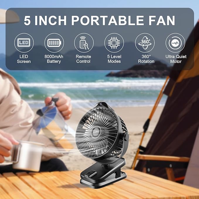 Small Clip on Fan with Remote Control | 8000mAh Battery | 5 Speeds | 5" Portable Rechargeable Mini Desk/Table Fan for Baby Stroller, Outdoor Camping, Tent, Desktop, Bedroom, Living Room, Office, Dorm