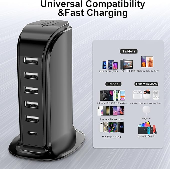 USB Charger Block with Type C, 6-Port Chargers for Multiple Devices, USB Charging Hub with Smart IC, Charger Station Total 60W for Phone/Tablet/Gaming, Wall Charger Adapter Compact&Portable