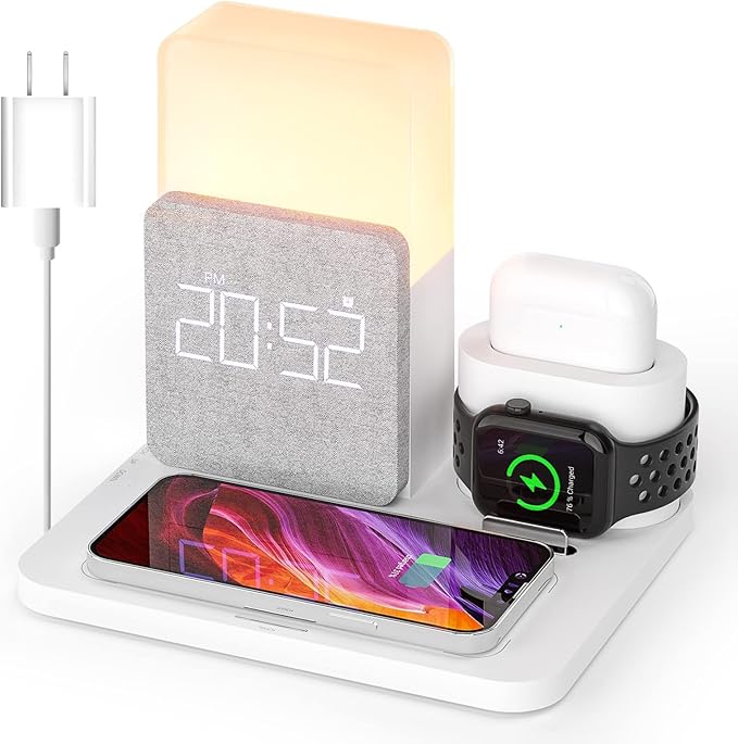Wireless Charging Station, 7 in 1 Charging Station, Alarm Clock with Wireless Charger, Night Light, iPhone 12/13/14/15/16 Pro/Pro Max13 Mini/13 Pro Max/12 pro, AirPods