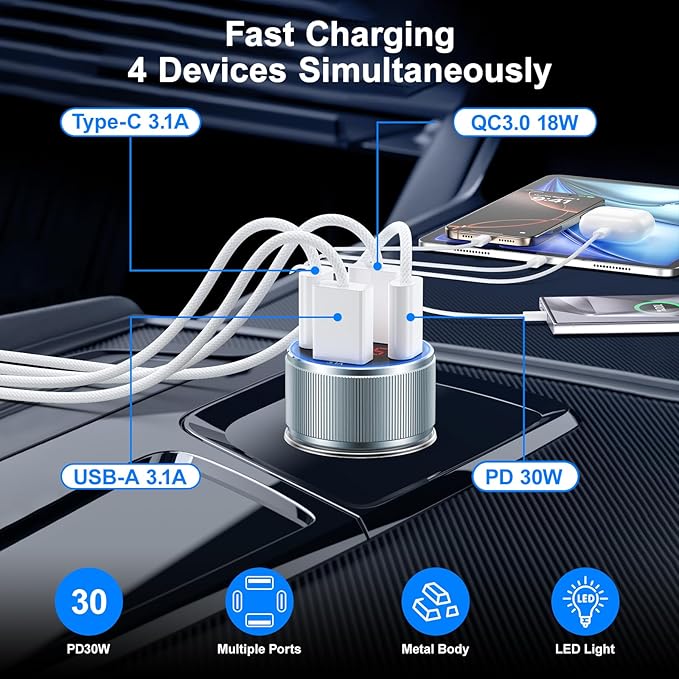 Car Charger USB C, Besgoods 65W 4-Port USB Cigarette Lighter Adapter with Voltmeter PD QC Fast Charging for iPhone 16 15 14 13 12 11 Galaxy S24 S23 A54 A15 Dash Cam Car Accessories, 2Pack