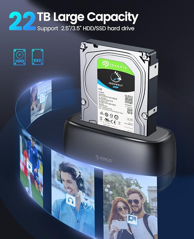 ORICO External Hard Drive Docking Station for 2.5/3.5 Inch HDD SSD USB 3.0 to SATA Hard Drive Dock Up to 22TB Support UASP 12V Power Adapter Supply-DD18
