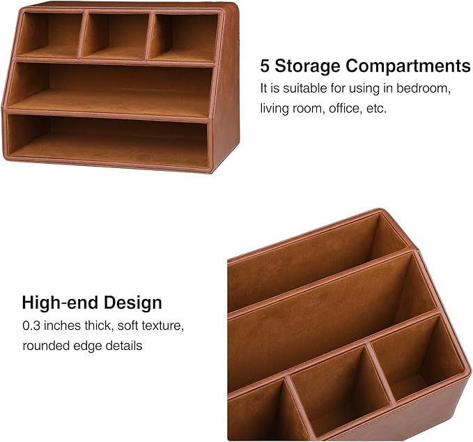 PU Leather Desk Organizer, Luxury Remote Control Holder for Home, Office Desk Accessories Table Caddy Bedside Nightstand Organizer (Brown)