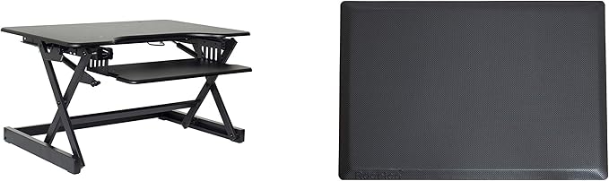 Rocelco 32" Height Adjustable Standing Desk Converter BUNDLE - Sit Stand Computer Workstation Riser with Anti Fatigue Mat - Dual Monitor Retractable Keyboard Tray Gas Spring - Black (R EADRB-MAFM)