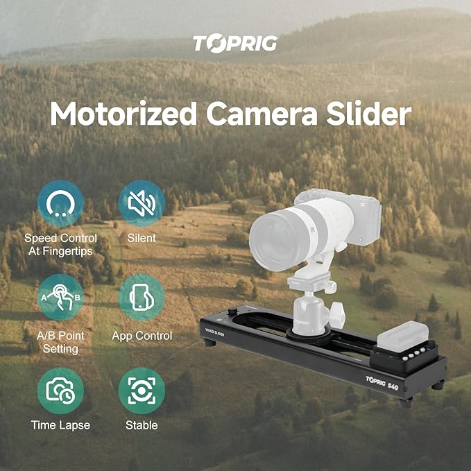 Accsoon Toprig 16inch/40cm Motorized Camera Slider, Button/APP Control Dolly Rail Slider, Speed Adjust/Time-Lapse/120° Panoramic Shooting/Loop Mode, Compatible with DSLR Camera, Gopro, Camcorder (S40)