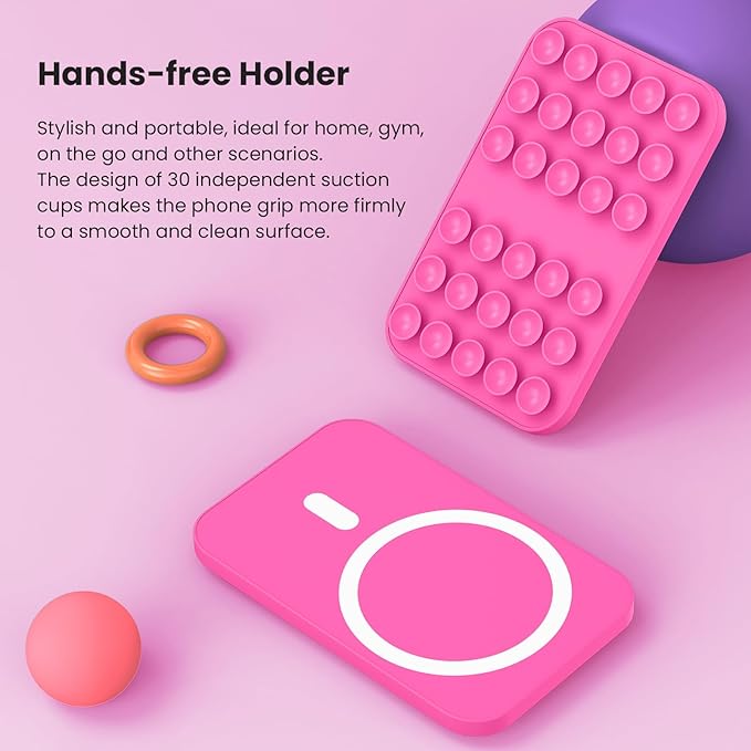 Patented Magnetic Sticky Phone Suction Grip Mount for MagSafe Case,Magnet Silicone Portable Stand Holder for iPhone 16/15/14/13/12 Series and Android, Hands-Free Selfies and Videos,Hot Pink