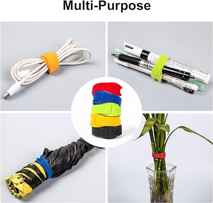 OneLeaf 120PCS Cord Organizer 6in Cable Ties Reusable with Hook and Loop, Colorful Fastening Cord Ties Wire Management for Home, Office, Data Centers, and Electronics, 5 colors