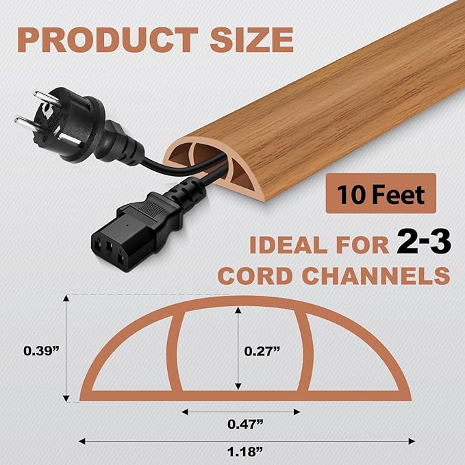 Floor Cord Cover for Wires on Floor Self Adhesive Cord Hider Floor Cable Management Wire Covers for Cords Protector Prevent Cable Trips Cord Cavity W 0.47" x H 0.27", Brown Wood, 10Ft