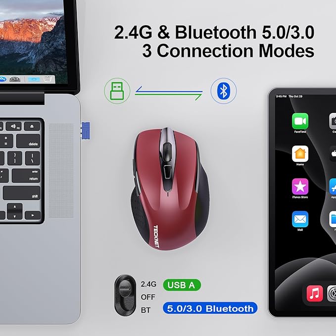 TECKNET Wireless Mouse (2.4G & BT5.0/3.0) Silent 4800 DPI Computer USB A & Bluetooth Mouse 6 Buttons, Wide Compatibility - Red