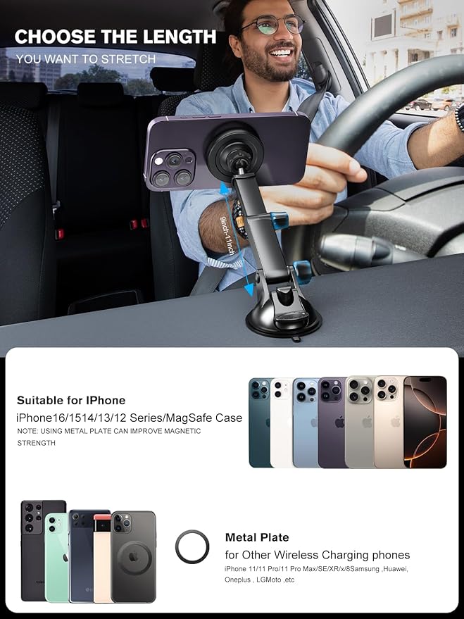 for Magnetic Magsafe Car Mount Charger, Wireless Car Charger with Fast Max 38W QC3.0Charging Adapter Retractable Phone Holder Fits iPhone16/15/14/13Plus/MagSafe Case,Dashboard/Vent/Windshield