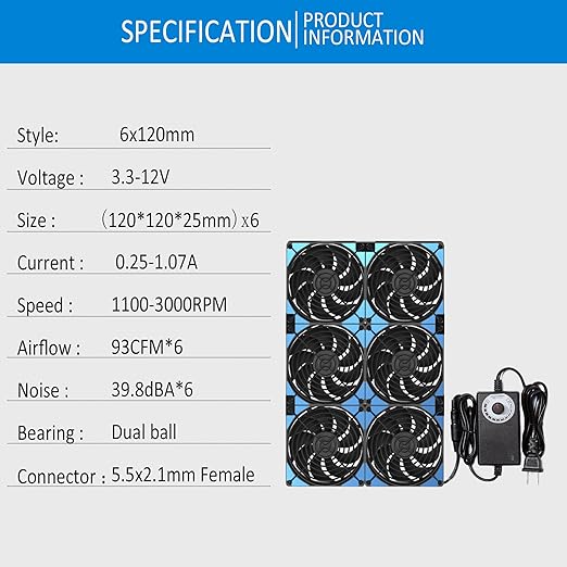 120mmx6 720mm Adjustable Computer PC Vent Fans 3V-12V Speed Controller for Flexible Arrange Cabinet Rack Space Window Wall Server Mining Rig Chicken Coop Exhaust Cooling