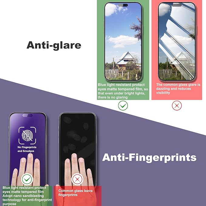 2 Pack Anti Blue Light Matte Screen Protector for iPhone 14 Pro Max/iPhone 15 Plus/iPhone 16 Plus, 9H Tempered Glass, Full Cover, Anti-Fingerprint, Auto Dust-Elimination, No Bubble, Easy Installation