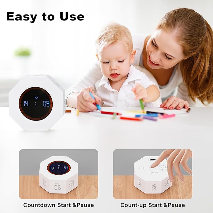 Rechargeable Pomodoro Timer, 8-Angle Auto-Rotating Screen with Gravity Sensor, Digital Timers for Classroom, Small Kitchen Timers for Cooking, Work and Study (Pearl White)