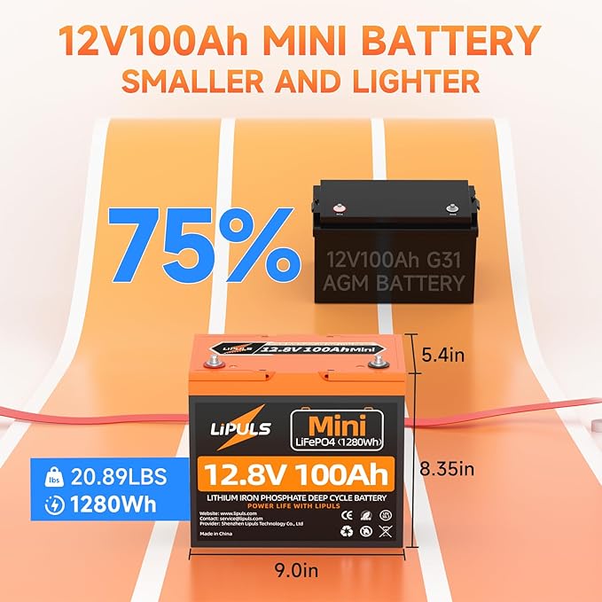 12V100Ah Mini LiFePO4 Lithium Battery, 100Ah Lithium Deep Cycle Battery, Max.1280Wh, 100A BMS, 15000 Cycles, Perfect for Trolling Motor, RV, Camping, Solar Panel