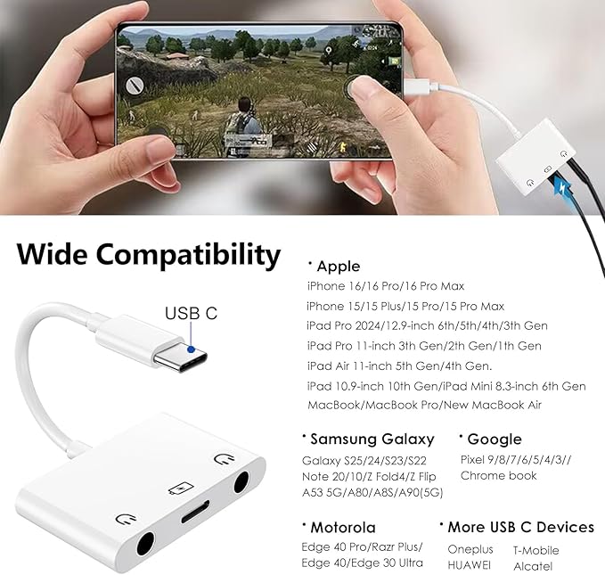 3-in-1 Aux to USB C Headphone Splitter USB-C to Dual 3.5mm Audio Adapter Dual Headphone Jack Adapter with PD Charging Compatible with iPhone 15/16, iPad Pro, Galaxy S25 Ultra, and More