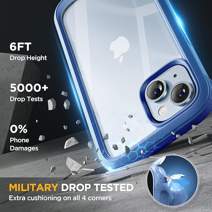 Miracase Glass Series for iPhone 14 Case 6.1 inch, [Built-in Tempered Glass Screen Protector] [Bubble Free] Full-Body Protective Bumper Phone Case with Camera Lens Protector, Blue