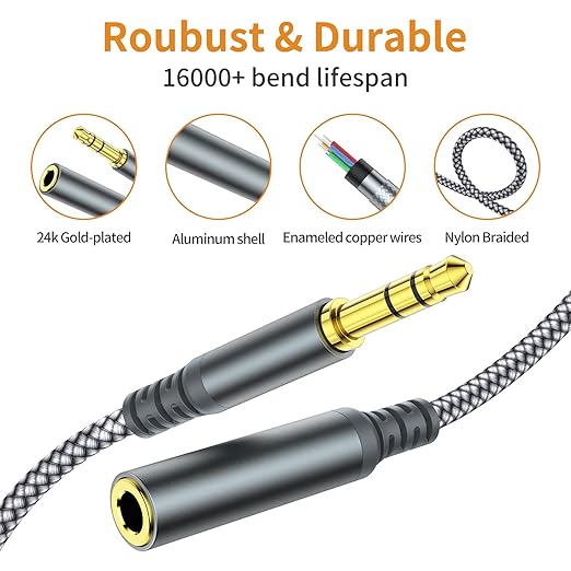 MCSPER Headphone Extension Cable, [2-Pack, 6.6ft Hi-Fi ] 3.5mm Extension AudioMale to Female Aux Adapter Hi-Fi Sound Stereo Extender Cord for Headset, iPhone, iPad, Smartphones, Tablets & More (Grey)