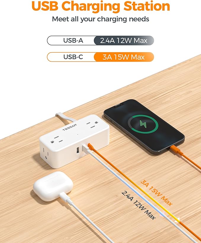 TESSAN 5 FT White Extension Cord, 900J Surge Protector Small Power Strip with 3 USB Ports (1 USB C), Flat Plug Power Strip, Mini Charging Station Suitable for Home Office Dorm
