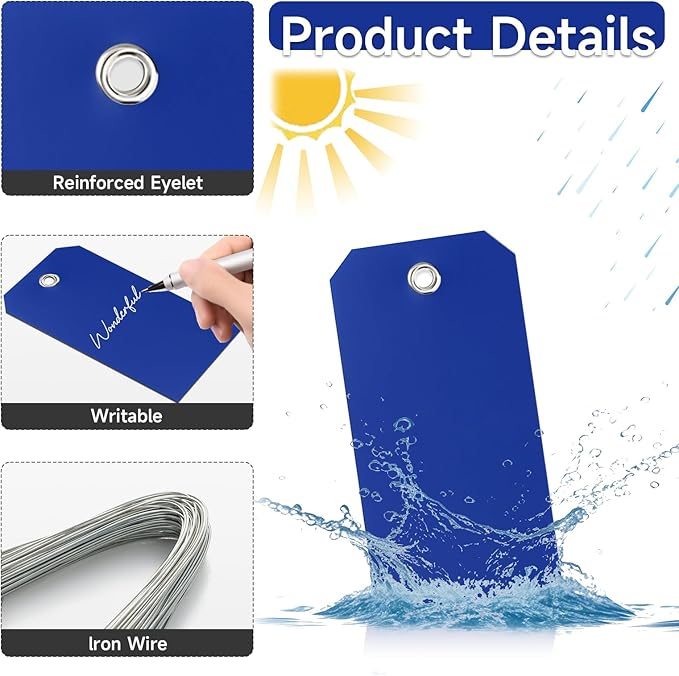 100 Pieces Plastic Shipping Tags with Wires Blank Labeling Tags Waterproof Hang Tags with Reinforcement Hole Durable Wire Tags Labels Stacking Tags for Equipment Parts (Dark Blue, 4 3/4" x 2 3/8")