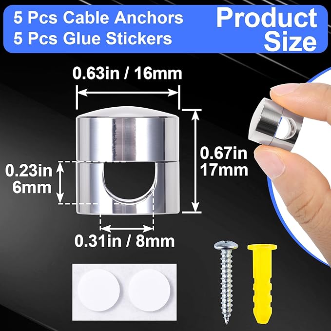 5 Sets Charger Holders for Cords, Silver Adjustable Cable Anchor Holders, Adhesive Metal Cord Clips, Cable Management Wire Organizers for Desk, Office, Nightstand
