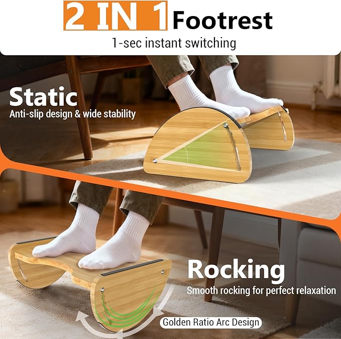 Bamboo Foot Rest for Under Desk at Work - Reversible Rocking Desk Footrest 2-in-1 with 6 Adjustable Heights, Ergonomic Foot Rest Under Desk with Anti-Slip Surface for Home, Office and Gaming