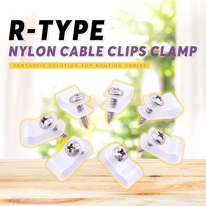 Swpeet 120 Pack White 1/4 Inch Nylon Plastic R-Type Cable Clips Clamp Kit, Nylon Screw Mounting Cord Fastener Clips with 120 Pack Screws for Wire Management (1/4 Inch, White)