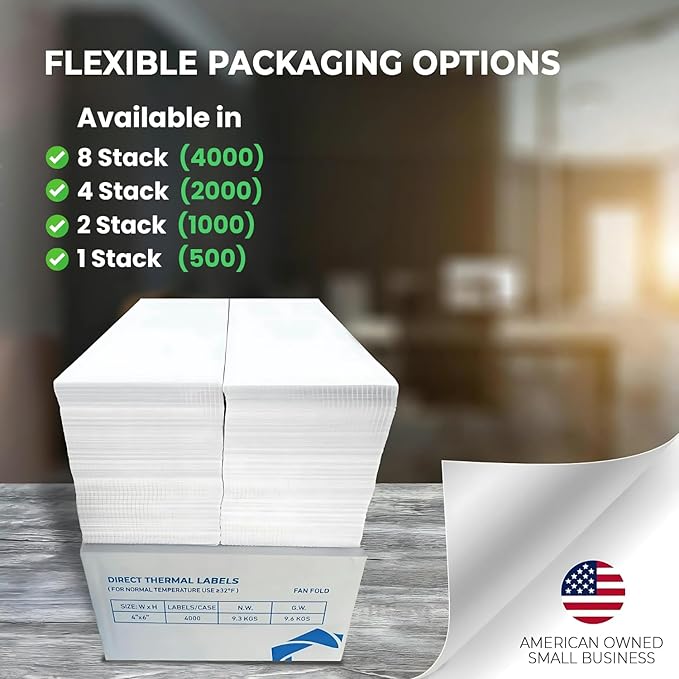 4x6 Thermal Labels (Total 4000) - 8 Packs of 500 Fanfold Direct Thermal Shipping Labels. Thick Commercial Grade, Waterproof, Smudge Proof Mailing and Address Label, Strong Adhesive Perforated Stickers