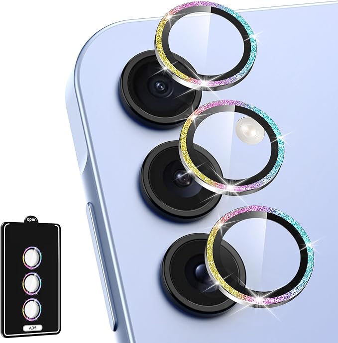 for Samsung Galaxy A35 5G Camera Lens Protector, Individual Metal Ring Tempered Glass Lens Cover, [Strong Adsorption] Scratch Resistant Ultra-Thin HD Clear Lens Cover, 1 Set-Colorful Sparkly