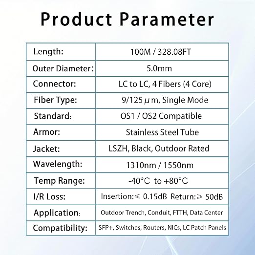 100M/328FT Outdoor Armored LC to LC Fiber Optic Cable, 4 Core OS2 Single Mode 9/125μm, Industrial TPU Jacket, OD 5mm, 4 Strands, SMF, Direct Burial, Heavy-Duty LC-LC Patch Cord for Harsh Environments
