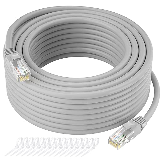 Cat5e Ethernet Cable 100 FT, Long Cat 5e Internet Cable, Grey Snagless Patch Cord, Flexible, Network, LAN, PoE, Standard RJ45 Connector for PC, Server, Router, Modem, TV, PS5 - with 15 Cable Ties